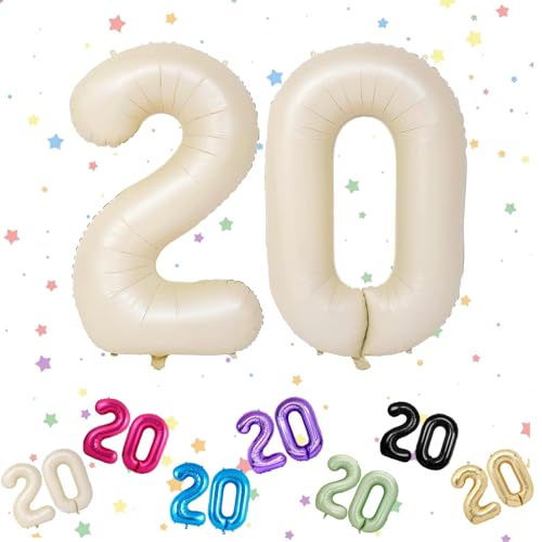 Ballon mit Zahl 20, cremefarben, 20 Zahlenballons, Helium-Folie, 101,6 cm, Luftballons Zahl 20, 20. Geburtstag, digitale Luftballons für 20. Geburtstag, Jahrestag, Party-Dekorationen von VUCDXOP