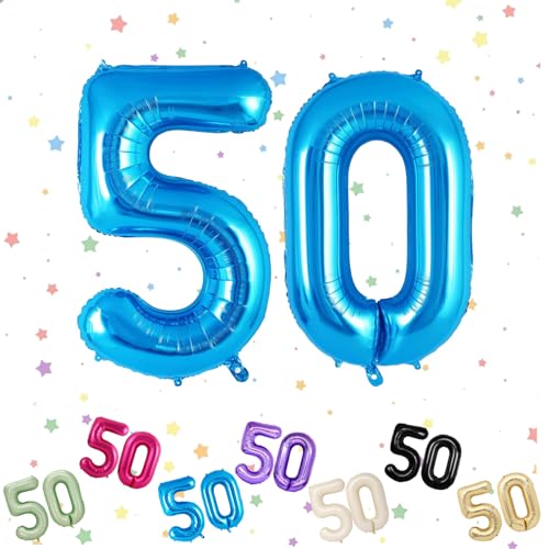 Ballon mit Zahl 50, Blau, 50 Zahlenballons, Helium-Folie, 101,6 cm, Luftballons Zahl 50, 50. Geburtstag, digitale Luftballons für 50. Geburtstag, Jahrestag, Party-Dekorationen von VUCDXOP