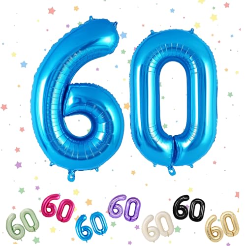Ballon mit Zahl 60, Blau, 101,6 cm, Helium-Folienballons, Zahl 60, 60. Geburtstag, digitale Luftballons für 60. Geburtstag, Jahrestag, Party-Dekorationen von VUCDXOP