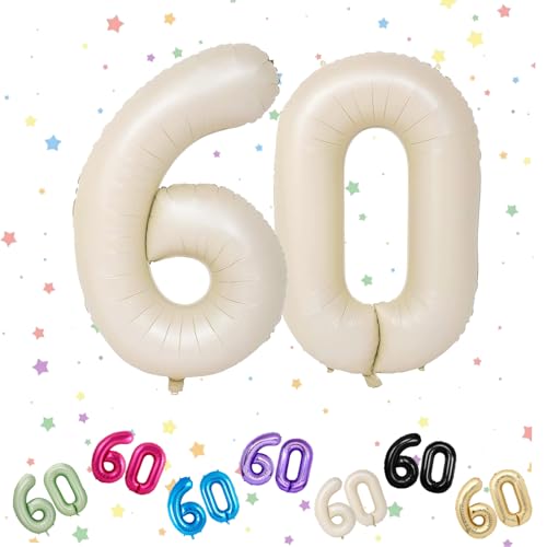 Ballon mit Zahl 60, cremefarben, 60 Zahlenballons, Helium-Folie, 101,6 cm, Luftballons Zahl 60, 60. Geburtstag, digitale Luftballons für 60. Geburtstag, Jahrestag, Party-Dekorationen von VUCDXOP