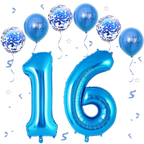 VUCDXOP Blau Luftballon 16, XXL Riesige Geburtstag Ballon 16, 40" - 101cm Ballon Zahl Deko Folienballon Zahlen 1 & 6, Geburtstagsdeko Jubiläum Party Deko, Fliegt mit Helium (Nummer 16/61) von VUCDXOP
