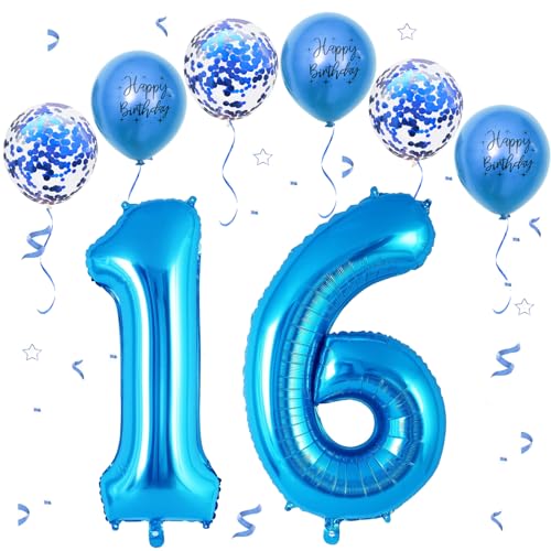 Blau Luftballon 16, XXL Riesige Geburtstag Ballon 16, 40" - 101cm Ballon Zahl Deko Folienballon Zahlen 1 & 6, Geburtstagsdeko Jubiläum Party Deko, Fliegt mit Helium (Nummer 16/61) von VUCDXOP