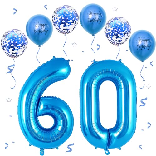 VUCDXOP Blau Luftballon 60, XXL Riesige Geburtstag Ballon 60, 40" - 101cm Ballon Zahl Deko Folienballon Zahlen 0 & 6, Geburtstagsdeko Jubiläum Party Deko, Fliegt mit Helium (Nummer 60) von VUCDXOP
