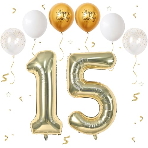VUCDXOP Champagner Gold Luftballon 15, XXL Riesige Geburtstag Ballon 15, 40" - 101cm Ballon Zahl Deko Folienballon Zahlen 1 & 5, Geburtstagsdeko Jubiläum Party Deko, Fliegt mit Helium (Nummer 15/51) von VUCDXOP