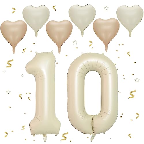 VUCDXOP Cremefarbe Luftballon 10, XXL Riesige Geburtstag Ballon 10, 40" - 101cm Ballon Zahl Deko Folienballon Zahlen 1 & 0, Geburtstagsdeko Jubiläum Party Deko, Fliegt mit Helium (Nummer 10) von VUCDXOP