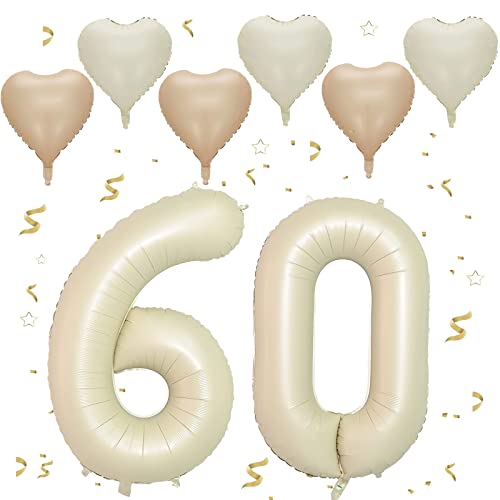 VUCDXOP Cremefarbe Luftballon 60, XXL Riesige Geburtstag Ballon 60, 40" - 101cm Ballon Zahl Deko Folienballon Zahlen 0 & 6, Geburtstagsdeko Jubiläum Party Deko, Fliegt mit Helium (Nummer 60) von VUCDXOP