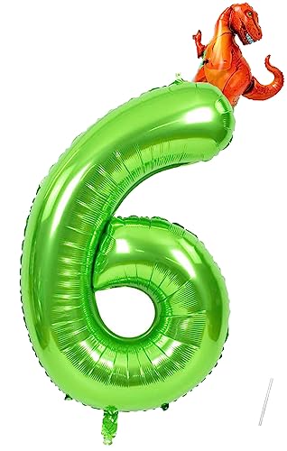 Geburtstag Folienballon Zahl 6 mit Dinosaurier, 101 cm Grün Luftballons Zahl 6, Helium Ballon Zahl 6, Mädchen Geburtstag Luftballon Deko Hochzeit Jubiläum Fest Party Dekoration, Fliegt mit Helium von VUCDXOP