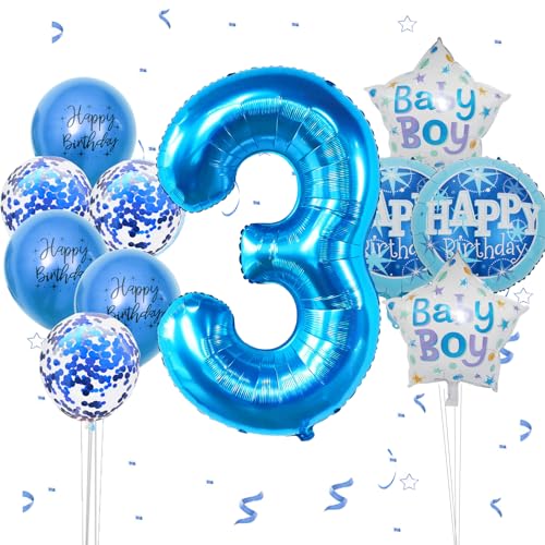 Geburtstagsdeko Jungen 3 Jahr, VUCDXOP 3 Jahr Blau Geburtstag Deko, Luftballon 3. Geburtstag, Geburtstag deko 3 jahre Jungen, Folienzahlen Ballons, Riesen Folienballon Zahl 3 für Geburtstag Party von VUCDXOP
