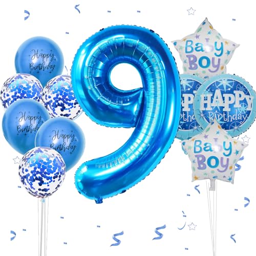 Geburtstagsdeko Jungen 9 Jahr, VUCDXOP 9 Jahr Blau Geburtstag Deko, Luftballon 9. Geburtstag, Geburtstag deko 9 jahre Jungen, Folienzahlen Ballons, Riesen Folienballon Zahl 9 für Geburtstag Party von VUCDXOP