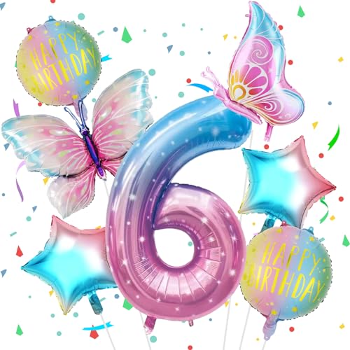 Geburtstagsdeko Mädchen 6 Jahr, VUCDXOP 6 Jahr Schmetterling Geburtstag Deko, schmetterling luftballon 6, Geburtstag deko 6 jahre mädchen, Riesen Folienballon Zahl 6 für Geburtstag Party Dekoration von VUCDXOP