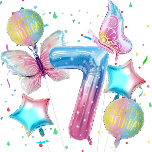 VUCDXOP Geburtstagsdeko Mädchen 7 Jahr, 7 Jahr Schmetterling Geburtstag Deko, Schmetterling Luftballon 7, Geburtstag deko 7 Jahre mädchen, Riesen Folienballon Zahl 7 für Geburtstag Party Dekoration von VUCDXOP