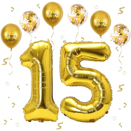 VUCDXOP Gold Luftballon 15, XXL Riesige Geburtstag Ballon 15, 40" - 101cm Ballon Zahl Deko Folienballon Zahlen 1 & 5, Geburtstagsdeko Jubiläum Party Deko, Fliegt mit Helium (Nummer 15/51) von VUCDXOP