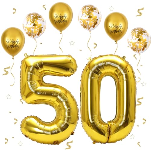 Gold Luftballon 50, XXL Riesige Geburtstag Ballon 50, 40" - 101cm Ballon Zahl Deko Folienballon Zahlen 0 & 5, Geburtstagsdeko Jubiläum Party Deko, Fliegt mit Helium (Nummer 50) von VUCDXOP