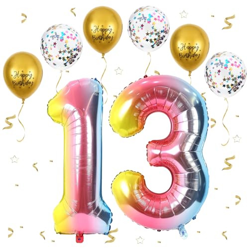 Gradientenregenbogen Luftballon 13, XXL Riesige Geburtstag Ballon 13, 40" - 101cm Ballon Zahl Deko Folienballon Zahlen 1 & 3, Geburtstagsdeko Jubiläum Party Deko, Fliegt mit Helium (Nummer 13 / 31) von VUCDXOP