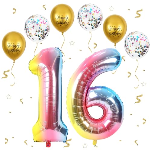 Gradientenregenbogen Luftballon 16, XXL Riesige Geburtstag Ballon 16, 40" - 101cm Ballon Zahl Deko Folienballon Zahlen 1 & 6, Geburtstagsdeko Jubiläum Party Deko, Fliegt mit Helium (Nummer 16 / 61) von VUCDXOP