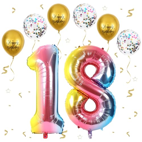 Gradientenregenbogen Luftballon 18, XXL Riesige Geburtstag Ballon 18, 40" - 101cm Ballon Zahl Deko Folienballon Zahlen 1 & 8, Geburtstagsdeko Jubiläum Party Deko, Fliegt mit Helium (Nummer 18 / 81) von VUCDXOP