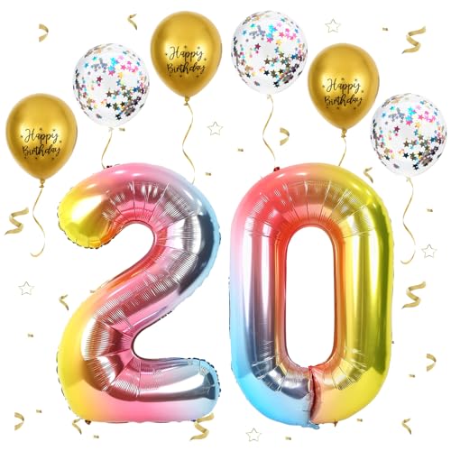 Gradientenregenbogen Luftballon 20, XXL Riesige Geburtstag Ballon 20, 40" - 101cm Ballon Zahl Deko Folienballon Zahlen 0 & 2, Geburtstagsdeko Jubiläum Party Deko, Fliegt mit Helium (Nummer 20) von VUCDXOP