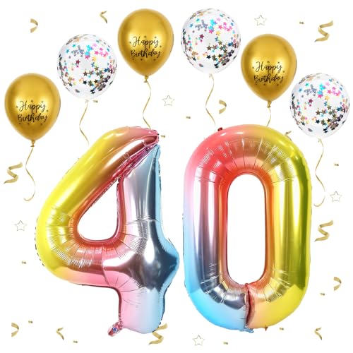 Gradientenregenbogen Luftballon 40, XXL Riesige Geburtstag Ballon 40, 40" - 101cm Ballon Zahl Deko Folienballon Zahlen 0 & 4, Geburtstagsdeko Jubiläum Party Deko, Fliegt mit Helium (Nummer 40) von VUCDXOP