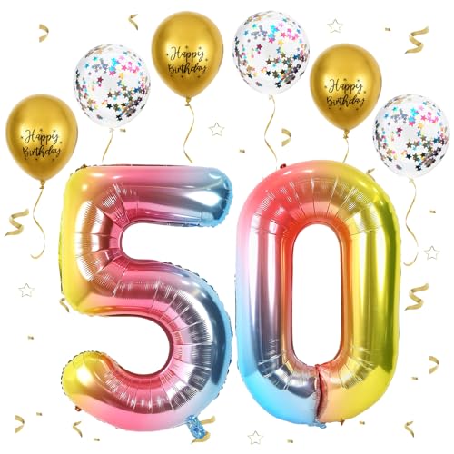 Gradientenregenbogen Luftballon 50, XXL Riesige Geburtstag Ballon 50, 40" - 101cm Ballon Zahl Deko Folienballon Zahlen 0 & 5, Geburtstagsdeko Jubiläum Party Deko, Fliegt mit Helium (Nummer 50) von VUCDXOP