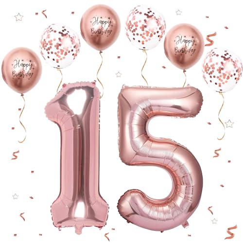 VUCDXOP Roségold Luftballon 15, XXL Riesige Geburtstag Ballon 15, 40" - 101cm Ballon Zahl Deko Folienballon Zahlen 1 & 5, Geburtstagsdeko Jubiläum Party Deko, Fliegt mit Helium (Nummer 15/51) von VUCDXOP