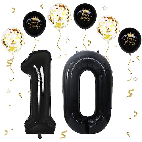 Schwarz Luftballon 10, XXL Riesige Geburtstag Ballon 10, 40" - 101cm Ballon Zahl Deko Folienballon Zahlen 1 & 0, Geburtstagsdeko Jubiläum Party Deko, Fliegt mit Helium (Nummer 10) von VUCDXOP