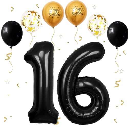 VUCDXOP Schwarz Luftballon 16, XXL Riesige Geburtstag Ballon 16, 40" - 101cm Ballon Zahl Deko Folienballon Zahlen 1 & 6, Geburtstagsdeko Jubiläum Party Deko, Fliegt mit Helium (Nummer 16/61) von VUCDXOP