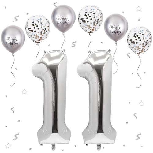 Silber Luftballon 11, XXL Riesige Geburtstag Ballon 11, 40" - 111cm Ballon Zahl Deko Folienballon Zahlen 1, Geburtstagsdeko Jubiläum Party Deko, Fliegt mit Helium (Nummer 11) von VUCDXOP