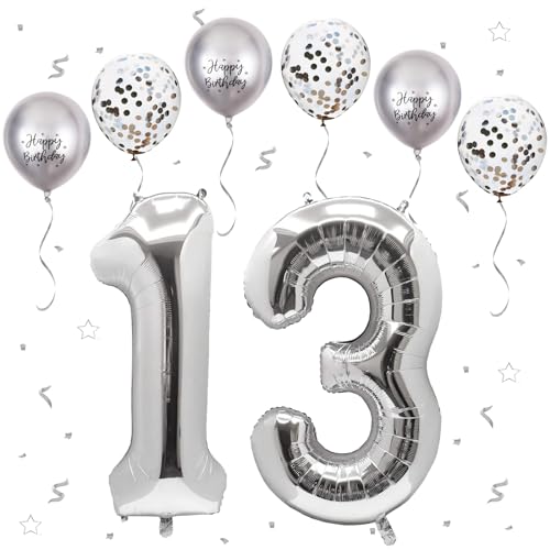 VUCDXOP Silber Luftballon 13, XXL Riesige Geburtstag Ballon 13, 40" - 101cm Ballon Zahl Deko Folienballon Zahlen 1 & 3, Geburtstagsdeko Jubiläum Party Deko, Fliegt mit Helium (Nummer 13/31) von VUCDXOP