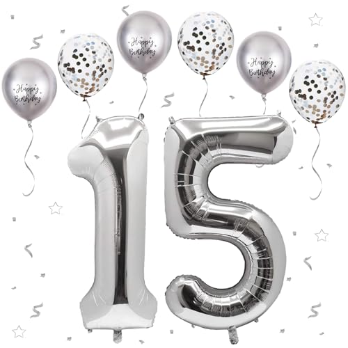 VUCDXOP Silber Luftballon 15, XXL Riesige Geburtstag Ballon 15, 40" - 101cm Ballon Zahl Deko Folienballon Zahlen 1 & 5, Geburtstagsdeko Jubiläum Party Deko, Fliegt mit Helium (Nummer 15/51) von VUCDXOP
