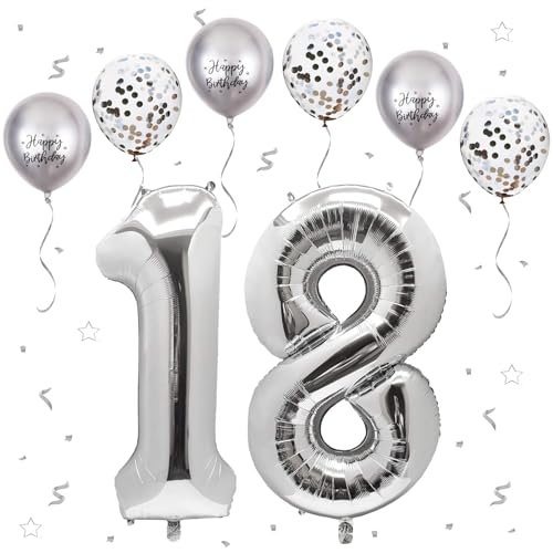 VUCDXOP Silber Luftballon 18, XXL Riesige Geburtstag Ballon 18, 40" - 101cm Ballon Zahl Deko Folienballon Zahlen 1 & 8, Geburtstagsdeko Jubiläum Party Deko, Fliegt mit Helium (Nummer 18/81) von VUCDXOP