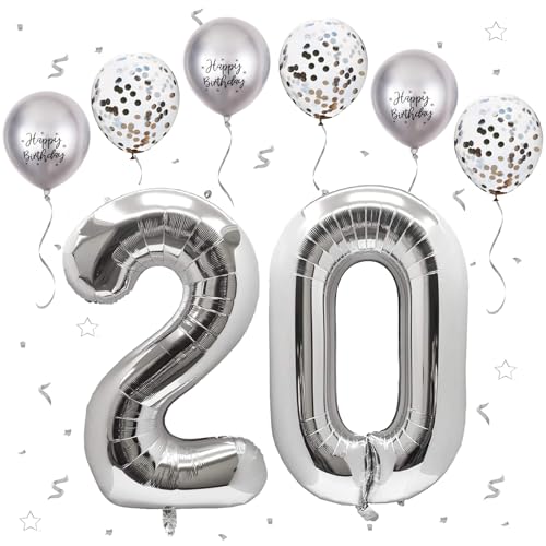 VUCDXOP Silber Luftballon 20, XXL Riesige Geburtstag Ballon 20, 40" - 101cm Ballon Zahl Deko Folienballon Zahlen 0 & 2, Geburtstagsdeko Jubiläum Party Deko, Fliegt mit Helium (Nummer 20) von VUCDXOP