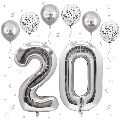 Silber Luftballon 20, XXL Riesige Geburtstag Ballon 20, 40" - 101cm Ballon Zahl Deko Folienballon Zahlen 0 & 2, Geburtstagsdeko Jubiläum Party Deko, Fliegt mit Helium (Nummer 20) von VUCDXOP