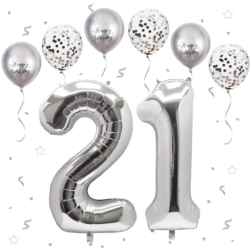 VUCDXOP Silber Luftballon 21, XXL Riesige Geburtstag Ballon 12, 40" - 101cm Ballon Zahl Deko Folienballon Zahlen 1 & 2, Geburtstagsdeko Jubiläum Party Deko, Fliegt mit Helium (Nummer 21/12) von VUCDXOP