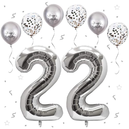 Silber Luftballon 22, XXL Riesige Geburtstag Ballon 22, 40" - 101cm Ballon Zahl Deko Folienballon Zahlen 2, Geburtstagsdeko Jubiläum Party Deko, Fliegt mit Helium (Nummer 22) von VUCDXOP