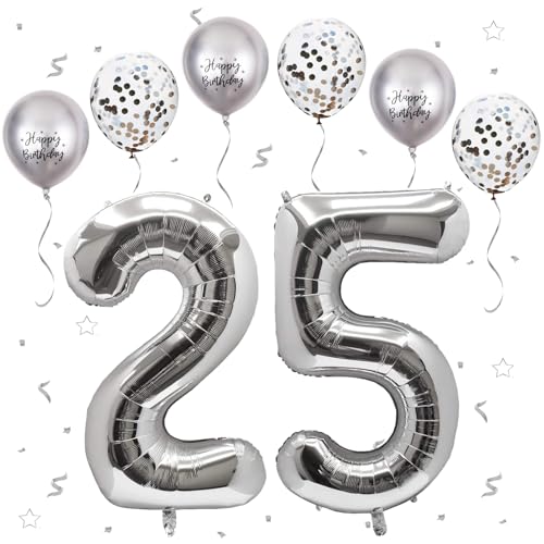 Silber Luftballon 25, XXL Riesige Geburtstag Ballon 52, 40" - 101cm Ballon Zahl Deko Folienballon Zahlen 5 & 2, Geburtstagsdeko Jubiläum Party Deko, Fliegt mit Helium (Nummer 25/52) von VUCDXOP