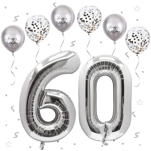 VUCDXOP Silber Luftballon 60, XXL Riesige Geburtstag Ballon 60, 40" - 101cm Ballon Zahl Deko Folienballon Zahlen 0 & 6, Geburtstagsdeko Jubiläum Party Deko, Fliegt mit Helium (Nummer 60) von VUCDXOP