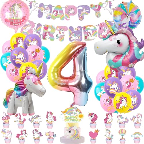 Einhorn Geburtstag Deko 4 Jahre, Einhorn Luftballons Geburtstagsdeko, 4 Jahr Geburtstag Luftballons mit 3D Einhorn Ballon, Einhorn Themen Kindergeburtstag Ballons für Mädchen Geburtstag Party von VUCDXOP