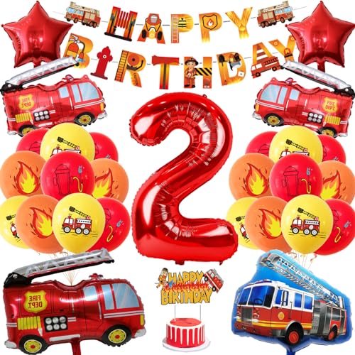 VUCDXOP Feuerwehrwagen Geburtstag Deko 2 Jahre, Feuerwehrwagen Folienballon Geburtstagsdeko Jungen, XXL Feuerwehrwagen Luftballons Geburtstag 2, Feuerwehrwagen Themen Kindergeburtstag Luftballons von VUCDXOP