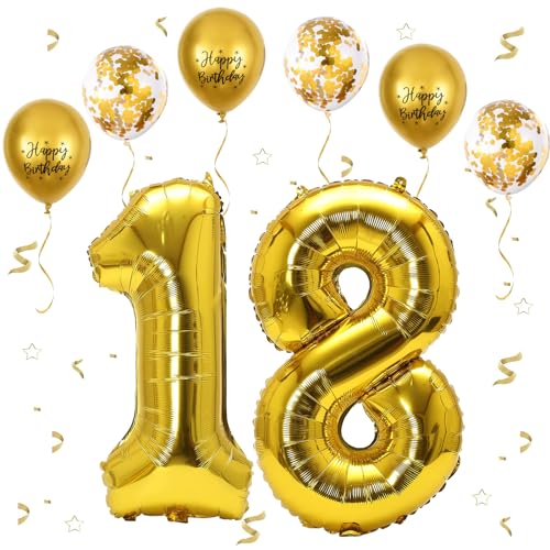 VUCDXOP Gold Luftballon 18, XXL Riesige Geburtstag Ballon 18, 40" - 101cm Ballon Zahl Deko Folienballon Zahlen 1 & 8, Geburtstagsdeko Jubiläum Party Deko, Fliegt mit Helium (Nummer 18/81) von VUCDXOP