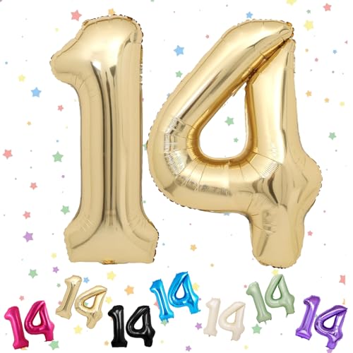 VUCDXOP Light Gold 14 Zahlenballons, 101,6 cm Helium-Folienballons, 2 Stück, Uni, Teenager, 14. Geburtstag, 41. Geburtstag, 14. Jubiläum, Teenager & Erwachsene von VUCDXOP