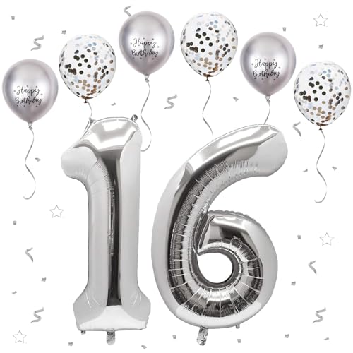VUCDXOP Silber Luftballon 16, XXL Riesige Geburtstag Ballon 16, 40" - 101cm Ballon Zahl Deko Folienballon Zahlen 1 & 6, Geburtstagsdeko Jubiläum Party Deko, Fliegt mit Helium (Nummer 16/61) von VUCDXOP