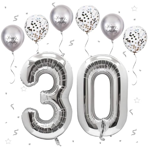 Silber Luftballon 30, XXL Riesige Geburtstag Ballon 30, 40" - 101cm Ballon Zahl Deko Folienballon Zahlen 0 & 3, Geburtstagsdeko Jubiläum Party Deko, Fliegt mit Helium (Nummer 30) von VUCDXOP