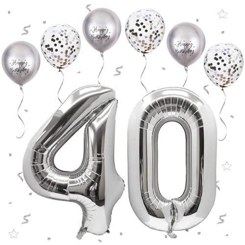 VUCDXOP Silber Luftballon 40, XXL Riesige Geburtstag Ballon 40, 40" - 101cm Ballon Zahl Deko Folienballon Zahlen 0 & 4, Geburtstagsdeko Jubiläum Party Deko, Fliegt mit Helium (Nummer 40) von VUCDXOP