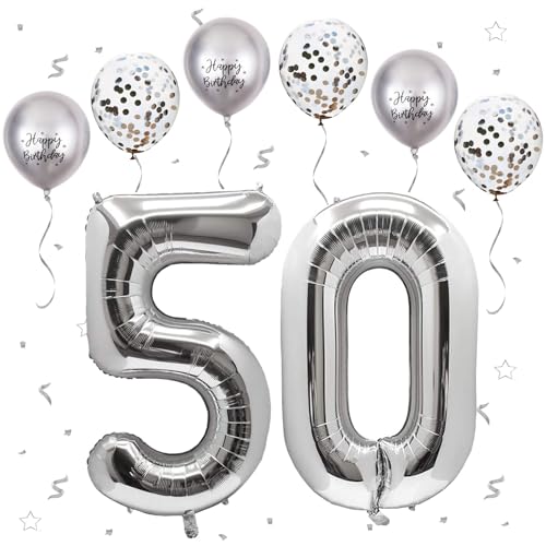 VUCDXOP Silber Luftballon 50, XXL Riesige Geburtstag Ballon 50, 40" - 101cm Ballon Zahl Deko Folienballon Zahlen 0 & 5, Geburtstagsdeko Jubiläum Party Deko, Fliegt mit Helium (Nummer 50) von VUCDXOP