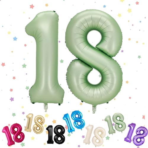 Zahlenballons mit Zahl 18, 18. Geburtstag, Zahl 18, 18. Geburtstag, 18. Geburtstag, 18. Geburtstag, 18. Geburtstag, Geburtstag, Mädchen, Geburtstagsdekoration, Salbeigrün von VUCDXOP