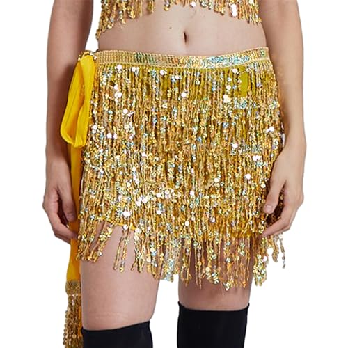 VUIUYOIES Universelle Passform für Damen, Bauchtanz Kostüm mit Pailletten, Quasten, zarter und eleganter Chiffon Rock mit Pailletten und Quasten, Gold gelb von VUIUYOIES