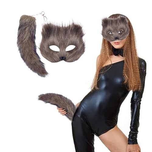 Halloween Erwachsene Plüsch Halbgesichtsschutz mit Schwanz Schlüsselanhänger, Tier Kunstpelz Maske Set, Halbgesichtssimulation für Männer/Frauen, Halloween Kostüm Zubehör für Cosplay, Make-up Tanz Halloween Erwachsene Plüsch Halbgesichtsschutz mit Schwanz Schlüsselanhänger, Tier Kunstpelz Maske Set, Halbgesichtssimulation für Männer/Frauen, Halloween Kostüm Zubehör für Cosplay, Make-up Tanz von VUKHWX