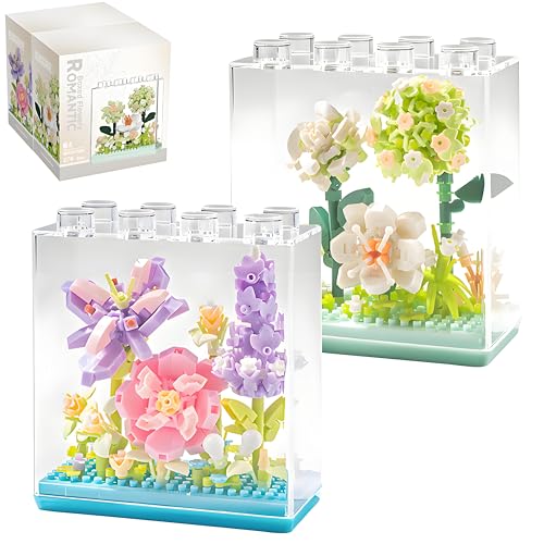 VUL Blumen Bausteine Set, 2 Stück 304+304 Teile Blumen Mini Klemmbausteine mit Schutzhülle, Bauspielzeug Sets Klemmbausteine Künstliche Blumen Unsterblicher Blumenstrauß für 6+Jahre (Grün+Lila) von VUL