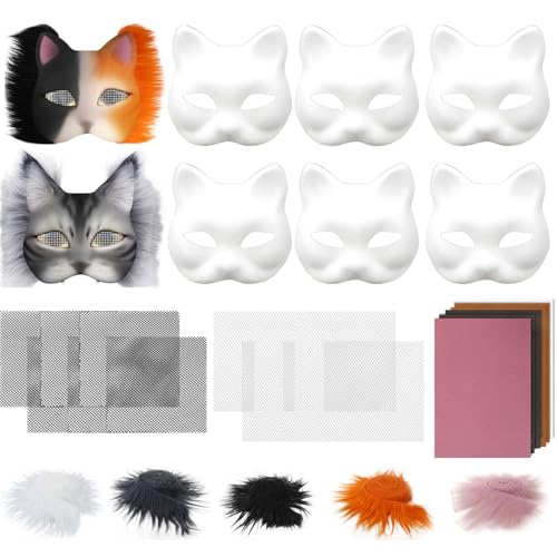 VUL Katzenmaske, 6 Stück Therian Masken Set DIY Papier Maske mit Kunstfellgewebe, selbstklebende Filzfolie und Eye Mesh, leere Maske zum Bemalen für Karneval Maskerade, Rollenspiele, Halloween VUL Katzenmaske, 6 Stück Therian Masken Set DIY Papier Maske mit Kunstfellgewebe, selbstklebende Filzfolie und Eye Mesh, leere Maske zum Bemalen für Karneval Maskerade, Rollenspiele, Halloween von VUL
