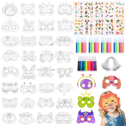 VUL Tiermasken für Kinder, 32 Stück Kindermasken zum Ausmalen, Blanko Bemalen Kinder Masken, Papier Tier Maske Set Masken Basteln mit Kids Tier Tattoo Aufkleber und Aquarellstifte für Themenpartys VUL Tiermasken für Kinder, 32 Stück Kindermasken zum Ausmalen, Blanko Bemalen Kinder Masken, Papier Tier Maske Set Masken Basteln mit Kids Tier Tattoo Aufkleber und Aquarellstifte für Themenpartys von VUL